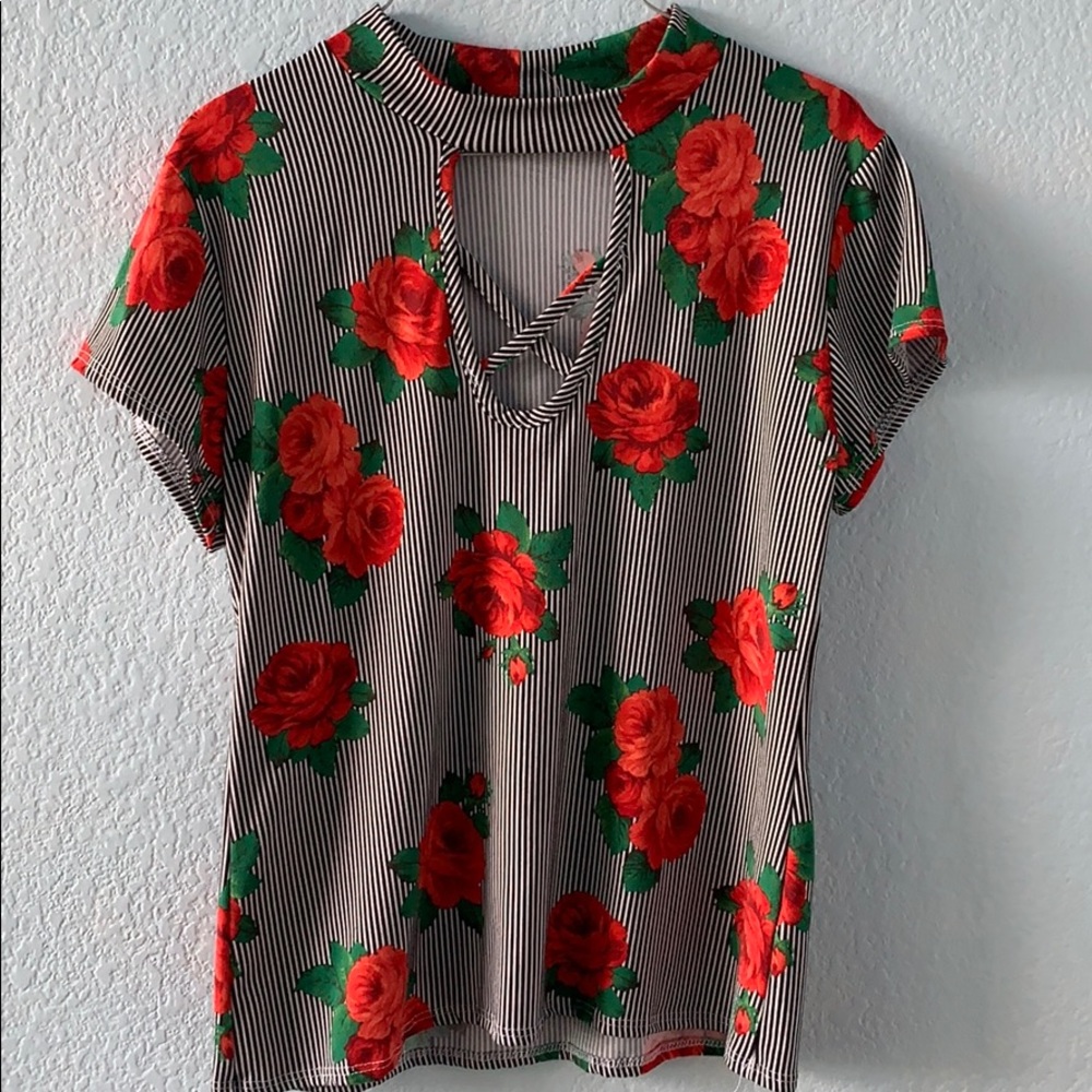 Red rose blouse black and white stripes